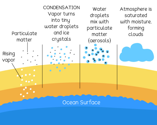 This is a description of how condensation of water vapor occurs to form clouds