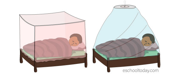 Mosquito nets come in various shapes and colours. They all do a good job as long as they are tucked in well. It is even better if they are treated with insecticide. 